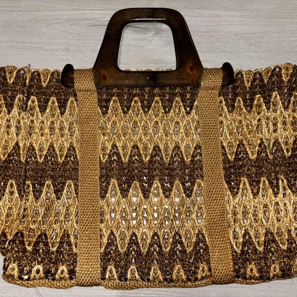 Vintage Woven Jute Tote - 1970s - Faux Wood Handle - Picture 1 of 4